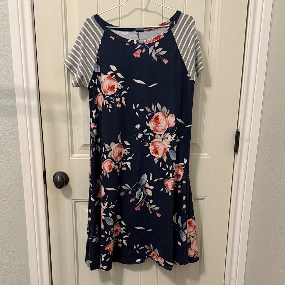 Floral Navy Dress with Striped Sleeves